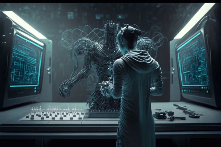Midjourney Supercomputer and human playing chess AI algorithm